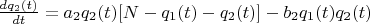 $\frac{dq_2(t)}{dt}=a_2 q_2(t) [N-q_1(t)-q_2(t)]-b_2 q_1(t) q_2(t) $