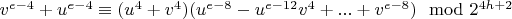 $v^{e-4}+u^{e-4}\equiv(u^4+v^4)(u^{e-8}-u^{e-12}v^4+...+v^{e-8}) \mod 2^{4h+2}$