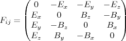 $$F_{ij}=\left(\begin{matrix}0&-E_x&-E_y&-E_z\\E_x&0&B_z&-B_y\\E_y&-B_z&0&B_x\\E_z&B_y&-B_x&0\end{matrix}\right)$$