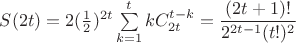 $S(2t)=2(\frac{1}{2})^{2t}\sum\limits_{k=1}^{t}kC_{2t}^{t-k}=\dfrac{(2t+1)!}{2^{2t-1}(t!)^2}$