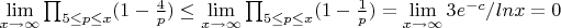 $\lim \limits_{x \to\infty} {\prod_{5 \leq p\leq x}(1-\frac {4} {p}) } \leq \lim \limits_{x \to\infty} {\prod_{5 \leq p\leq x}(1-\frac {1} {p}) }= \lim \limits_{x \to\infty} {3e^{-c}/lnx}=0$