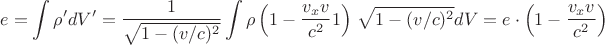 $$  e= \int \rho' dV' =  \frac{1}{\sqrt{1-(v/c)^2}}\int \rho \left(1 -\frac{v_x v}{c^2}1 \right)\,\sqrt{1-(v/c)^2} dV= e\cdot  \left(1 -\frac{v_x v}{c^2} \right)$$