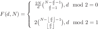 $F(d,N)=\left\{\begin{array}{l}\frac{2N}{d}\binom{N-\frac{d}{2}-1}{\frac{d}{2}-1}, d\mod 2 = 0&&2\binom{N-\left\lfloor\frac{d}{2}\right\rfloor-1}{\left\lfloor\frac{d}{2}\right\rfloor}, d\mod 2 = 1\end{array}\right.$