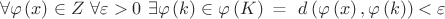 $$\forall \varphi \left( x \right) \in Z{\text{ }}\forall \varepsilon  > 0{\text{ }}\exists \varphi \left( k \right) \in \varphi \left( K \right){\text{ = }}\widetildeK{\text{ }}d\left( {\varphi \left( x \right),\varphi \left( k \right)} \right) < \varepsilon $$