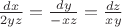 $\frac{dx}{2yz}=\frac{dy}{-xz}=\frac{dz}{xy}$