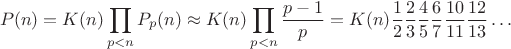 $$P(n)=K(n)\prod_{p<n}P_p(n)\approx K(n)\prod_{p<n}\frac{p-1}p=K(n)\frac 1 2 \frac 2 3 \frac 4 5 \frac 6 7 \frac {10} {11} \frac {12}{13}\ldots$$