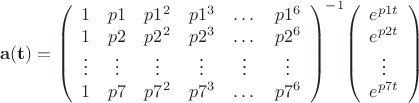 $\mathbf{a(t)} = {\left( \begin{array}{cccccc} 1 & p1 & p1^2 & p1^3 & \dots & p1^6 \\ 1 & p2 & p2^2 & p2^3 & \dots & p2^6 \\ \vdots & \vdots & \vdots & \vdots & \vdots & \vdots \\ 1 & p7 & p7^2 & p7^3 & \dots & p7^6 & \end{array} \right)}^{-1}{\left( \begin{array}{c} e^{p1t} \\ e^{p2t}  \\ \vdots \\ e^{p7t} \end{array} \right)}$