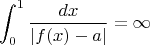$$\int_{0}^{1} \frac{dx}{|f(x)-a|} =\infty$$