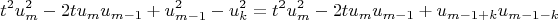 $$t^2 u_m^2 - 2tu_m u_{m-1} +u_{m-1}^2-u_k^2 = t^2 u_m^2 - 2tu_m u_{m-1} + u_{m-1+k}u_{m-1-k}$$