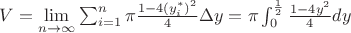 $V=\lim\limits_{n \to \infty} \sum_{i=1}^{n} \pi \frac{1-4(y_i^*)^2}{4} \Delta y=\pi\int_0^{\frac{1}{2}} \frac{1-4y^2}{4}dy$