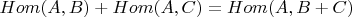 $Hom(A,B)+Hom(A,C)=Hom(A,B+C)$