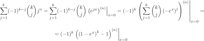 $$\sum\limits_{j=1}^k(-1)^{k-j}\binom{k}{j}j^n=\sum\limits_{j=1}^k(-1)^{k-j}\binom{k}{j}\left.\left(e^{jx}\right)^{(n)}\right|_{x=0}=(-1)^k\left.\left(\sum\limits_{j=1}^k\binom{k}{j}\left(-e^{x}\right)^j\right)^{(n)}\right|_{x=0}=$$$$=(-1)^k\left.\left(\left(1-e^{x}\right)^k-1\right)^{(n)}\right|_{x=0}$$ $$\sum\limits_{j=1}^k(-1)^{k-j}\binom{k}{j}j^n=\sum\limits_{j=1}^k(-1)^{k-j}\binom{k}{j}\left.\left(e^{jx}\right)^{(n)}\right|_{x=0}=(-1)^k\left.\left(\sum\limits_{j=1}^k\binom{k}{j}\left(-e^{x}\right)^j\right)^{(n)}\right|_{x=0}=$$$$=(-1)^k\left.\left(\left(1-e^{x}\right)^k-1\right)^{(n)}\right|_{x=0}$$