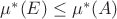 $\mu^*(E)\leq\mu^*(A)$
