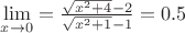 $\[\mathop {\lim }\limits_{x \to 0}  = \frac{{\sqrt {{x^2} + 4}  - 2}}{{\sqrt {{x^2} + 1}  - 1}} = 0.5\]$