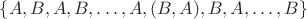 $\{A,B,A,B,\ldots,A,(B,A),B,A,\ldots,B\}$