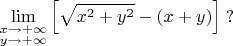 $$\lim \limits_{\substack{x\to +\infty \\ y\to +\infty }}\left[\sqrt{x^2+y^2}-(x+y)\right]\;?$$