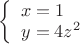 $
\left\{ \begin{array}{l}
x=1\\
y=4z^2\\
\end{array} \right
$