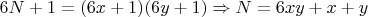 $6N+1=(6x+1)(6y+1)\Rightarrow N=6xy+x+y$
