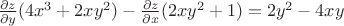 $\frac{\partial z}{\partial y}(4x^3+2xy^2)-\frac{\partial z}{\partial x}(2xy^2+1)=2y^2-4xy$