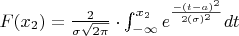 $F(x_2)=\frac{2}{\sigma \sqrt {2\pi}} \cdot \int_{-\infty}^{x_2}e^{\frac{-(t-a)^2}{2(\sigma)^2}}dt$