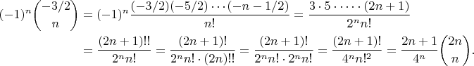 \begin{align*}
(-1)^n\binom{-3/2}{n}&=(-1)^n\frac{(-3/2)(-5/2)\dotsm(-n-1/2)}{n!}=\frac{3\cdot5\cdot\dotsm\cdot(2n+1)}{2^nn!}\\
&=\frac{(2n+1)!!}{2^nn!}=\frac{(2n+1)!}{2^nn!\cdot(2n)!!}=\frac{(2n+1)!}{2^nn!\cdot2^nn!}=\frac{(2n+1)!}{4^nn!^2}=\frac{2n+1}{4^n}\binom{2n}{n}.
\end{align*}