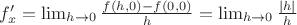 $f'_x=\lim_{h\to 0}\frac{f(h,0)-f(0,0)}{h}=\lim_{h\to 0}\frac{|h|}{h}$