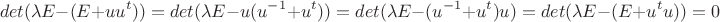 $$det(\lambda E - (E+uu^t)) = det(\lambda E -u(u^{-1}+u^t)) = det(\lambda E -(u^{-1}+u^t)u) = det(\lambda E -(E+u^tu)) = 0$$