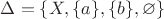 $\Delta=\{X,\{a\},\{b\},\varnothing\}$