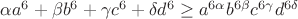 $\alpha a^6+\beta b^6+\gamma c^6+\delta d^6\geq a^{6\alpha}b^{6\beta}c^{6\gamma}d^{6\delta}$