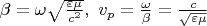 $\beta = \omega \sqrt{\frac{\varepsilon\mu}{c^2}} ,\, \, v_p= \frac{\omega}{\beta}=\frac{c}{\sqrt{\varepsilon\mu}}$