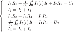 $
\begin{cases}
 & I_{1}R_{1}+\frac{1}{C_{1}}\int_{0}^{t}I_{1}(t)dt+I_{2}R_{2}=U_{1} \\
 & I_{1}=I_{2}+I_{3} \\
 & I_{3}R_{3}+I_{4}R_{4}=I_{2}R_{2} \\
 & \frac{1}{C_{1}}\int_{0}^{t}I_{5}(t)dt=I_{4}R_{4}=U_{2} \\
 & I_{3}=I_{4}+I_{5} 
\end{cases}
$