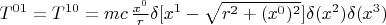 $T^{0 1} = T^{1 0} = mc \, \frac{x^0}{r} \delta[x^1 - \sqrt{r^2 + (x^0)^2}] \delta(x^2) \delta(x^3)$