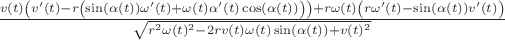$\frac{v(t) \left(v'(t)-r \left(\sin (\alpha (t)) \omega'(t)+\omega(t) \alpha '(t) \cos (\alpha (t))\right)\right)+r \omega(t) \left(r \omega'(t)-\sin (\alpha (t)) v'(t)\right)}{\sqrt{r^2 \omega(t)^2-2 r v(t) \omega(t) \sin (\alpha (t))+v(t)^2}}$