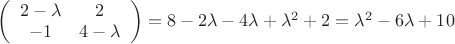 $
\left( \begin{array}{cc} 2-\lambda & 2 \\
-1 & 4-\lambda \end{array} \right)=8-2\lambda-4\lambda+\lambda^2+2=\lambda^2-6\lambda+10$