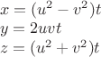 $\\x=(u^2-v^2)t\\
y=2uvt\\
z=(u^2+v^2)t
$