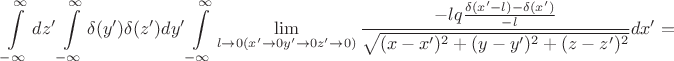 $$\int \limits_{-\infty}^{\infty} dz'\int \limits_{-\infty}^{\infty}\delta (y') \delta(z')dy' \int\limits_{-\infty}^{\infty}\lim\limits_{l\to0 (x'\to0  y'\to 0 z'\to 0)}\frac{-l  q\frac{\delta (x'-l)-\delta(x')}{-l}}{\sqrt{(x-x')^2+(y-y')^2+(z-z')^2}}dx'=$$