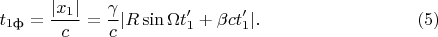 $$t_{1\text{ф}}=\frac{|x_1|}c=\frac{\gamma}c|R\sin\Omega t'_1+\beta ct'_1|.\eqno{(5)}$$