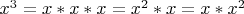 $x^3 = x * x * x = x^2 * x = x * x^2$