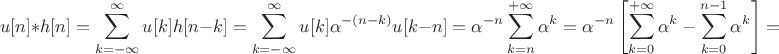 $$
u[n]*h[n] = \sum\limits_{k=-\infty}^{\infty}u[k]h[n-k]=\sum\limits_{k=-\infty}^{\infty}u[k]\alpha^{-(n-k)}u[k-n]
=\alpha^{-n}\sum\limits_{k=n}^{+\infty}\alpha^{k} = 
\alpha^{-n}\left[\sum\limits_{k=0}^{+\infty}\alpha^{k}-\sum\limits_{k=0}^{n-1}\alpha^{k}\right]=
$$