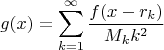 $$g(x)=\sum\limits_{k=1}^{\infty}\frac{f(x-r_k)}{M_kk^2}$$