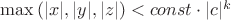 $\max{(|x|,|y|,|z|)}<const \cdot |c|^k$