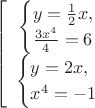 $$\ \left[ \begin{array}{1} \begin{cases} y = \frac 1 2 x,\\ \frac{3x^4}{4} = 6 \end{cases} \\ \begin{cases} y = 2x,\\ x^4= -1 \end{cases} \end{arrey} \right. $