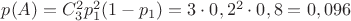 $p(A)=C_{3}^{2}p_1^2(1-p_1)=3\cdot 0,2^2\cdot 0,8=0,096$