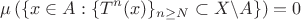 $$\mu\left(\{x \in A: \{T^n(x)\}_{n \ge N} \subset X\backslash A\}\right) = 0$$