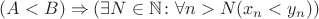 $(A<B) \Rightarrow (\exists N \in \mathbb{N} \colon \forall n>N (x_n<y_n))$