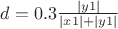 $d = 0.3 \frac{\left\lvert y1\right\rvert}{\left\lvert x1\right\rvert+\left\lvert y1\right\rvert}$