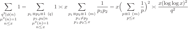 $$\sum_{\substack{q^2|\phi(n) \\  \mu^2(n)=1 \\  n\le x }} 1= \sum_{\substack{p_1\equiv p_2 \equiv1 ~(q) \\ p_1,p_2|n \\ \mu^2(n)=1 \\ n\le x }}1 \asymp x \sum_{\substack{p_1\equiv p_2 \equiv1 ~(m)\\ p_1\ne p_2 \\ p_1,p_2\le x}} {1\over p_1p_2} =x \Bigl(\sum_{\substack{p \equiv1 ~(m) \\ p\le x}} {1\over p}\Bigr)^2 \asymp {x(\log\log x)^2\over q^2}$$