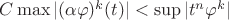 $C \max{|(\alpha \varphi)^{k}(t)|}<\sup{|t^n \varphi^{k}|}$