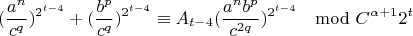 $$(\frac{a^n}{c^q})^{2^{t-4}}+(\frac{b^p}{c^q})^{2^{t-4}}\equiv A_{t-4}(\frac{a^nb^p}{c^{2q}})^{2^{t-4}}\mod C^{\alpha+1}2^t$$