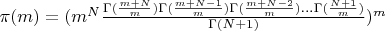 $\pi(m)= (m^N\frac{\Gamma(\frac{m+N}{m})\Gamma(\frac{m+N-1}{m})\Gamma(\frac{m+N-2}{m})...\Gamma(\frac{N+1}{m})}{\Gamma(N+1)})^m $